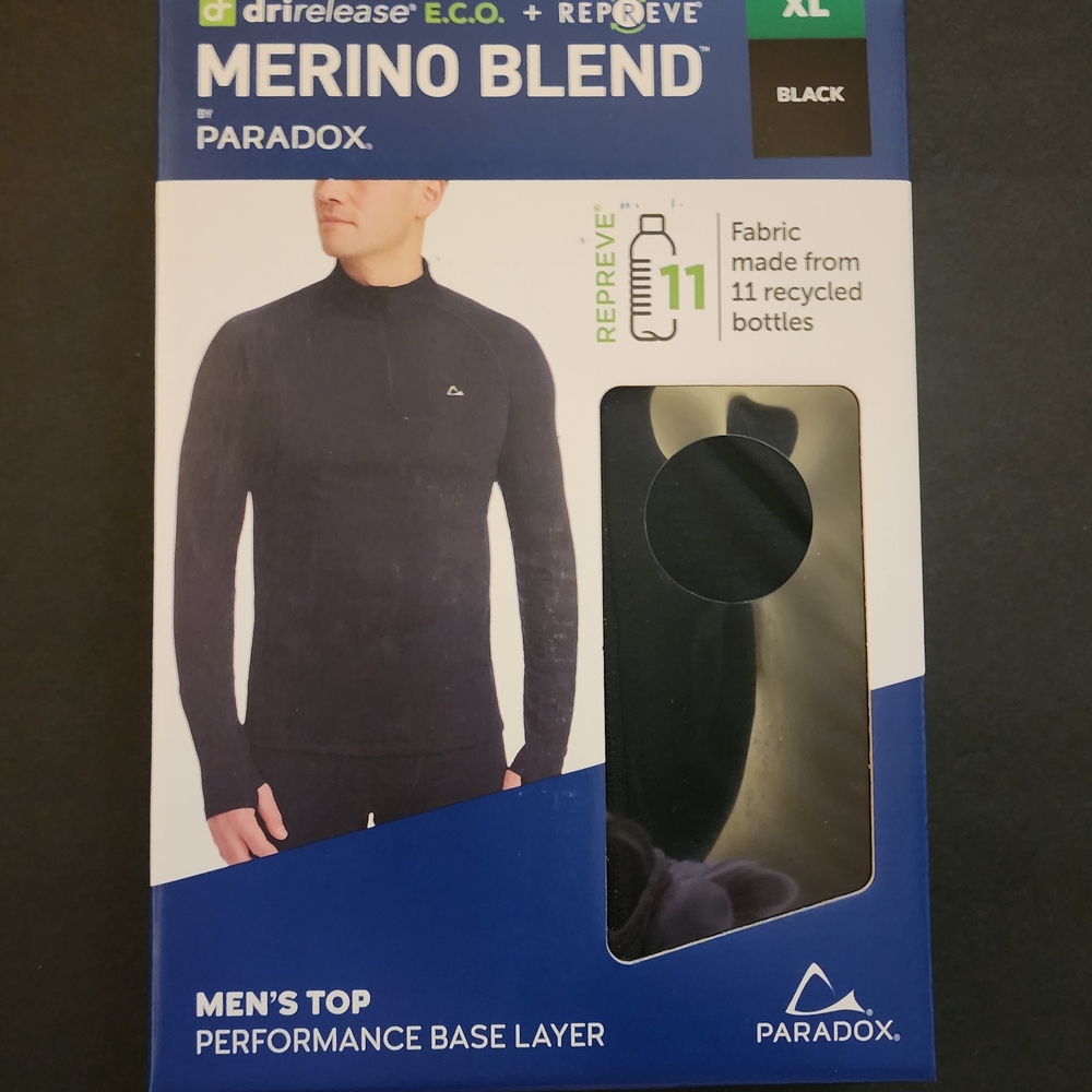 NWT Paradox Men's XL Merino Wool Blend Performance Base Layer Long Sleeve Black